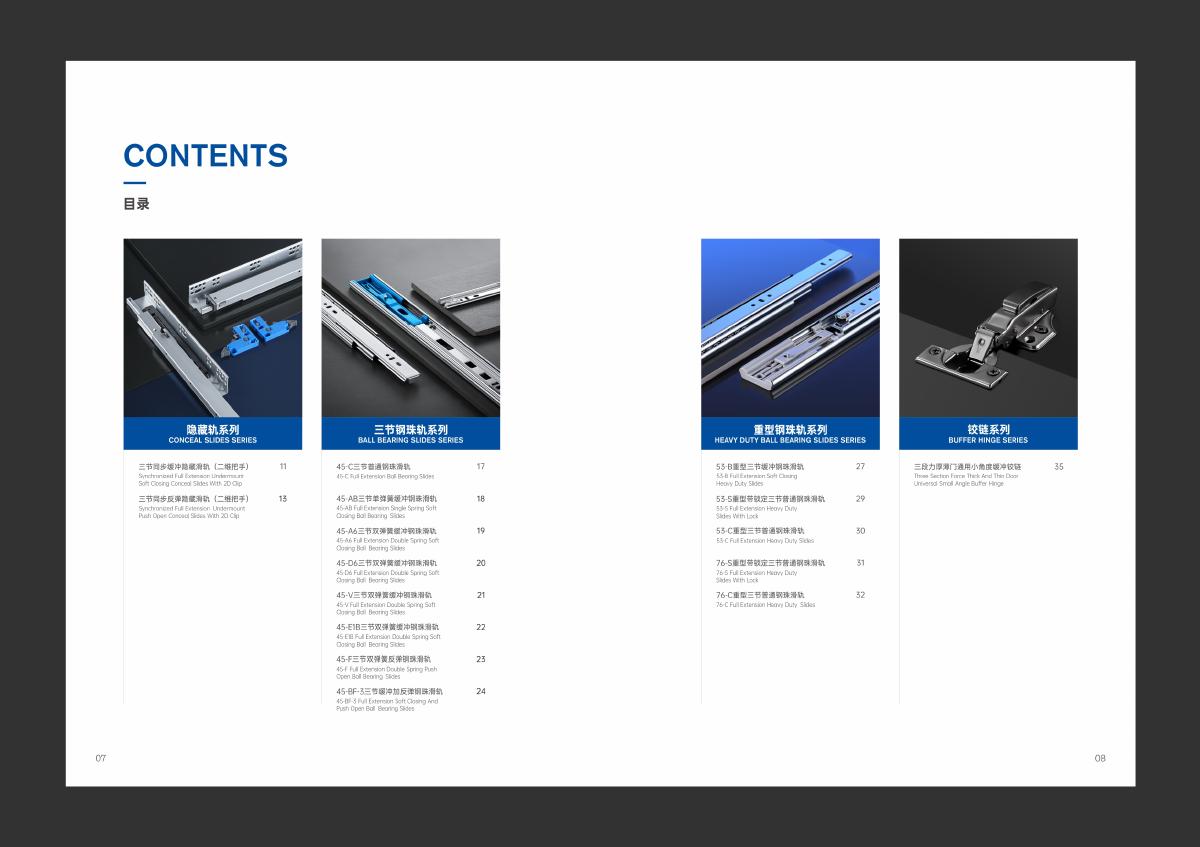 THJM slide and hinge catalogue contents