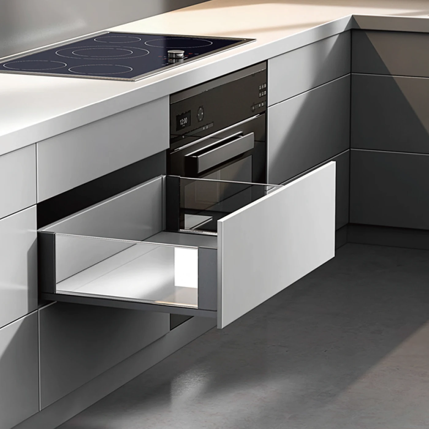 THJM premium glass-sided drawer system in a modern kitchen