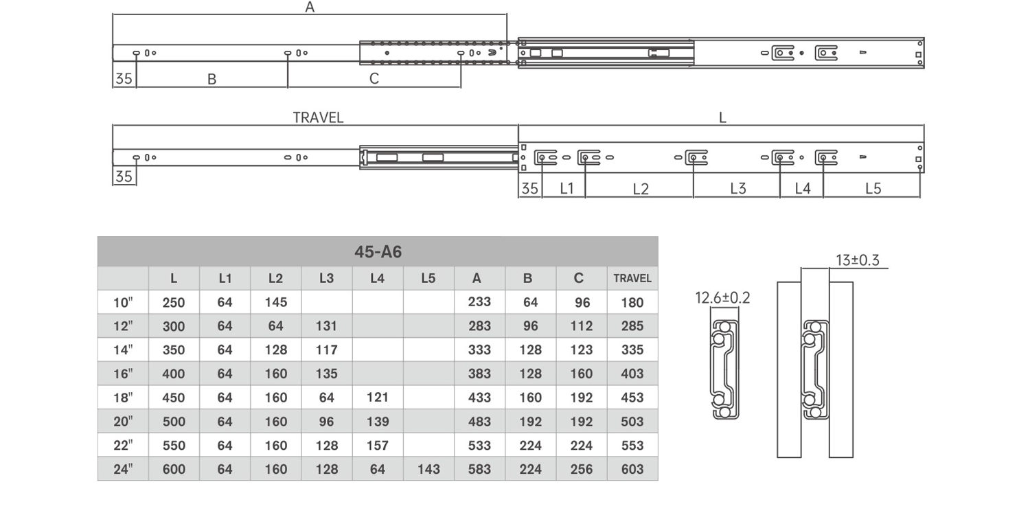 45-A6 slide size and drilling table