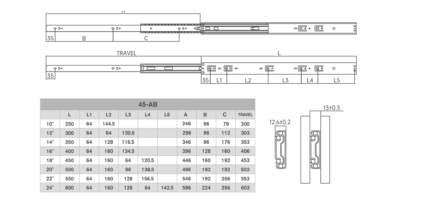 45-AB slide size and drilling table