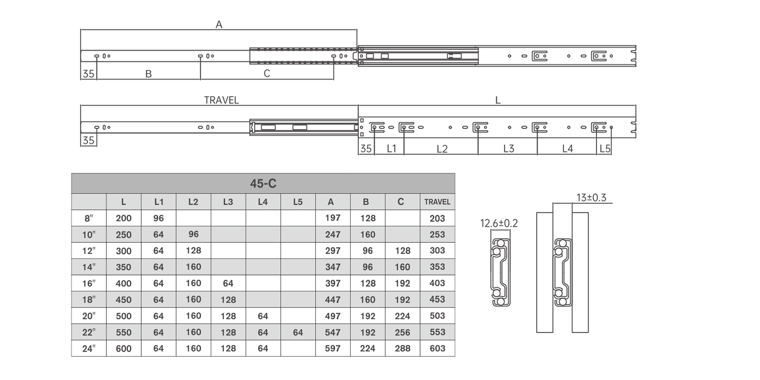 45-C slide size and drilling table