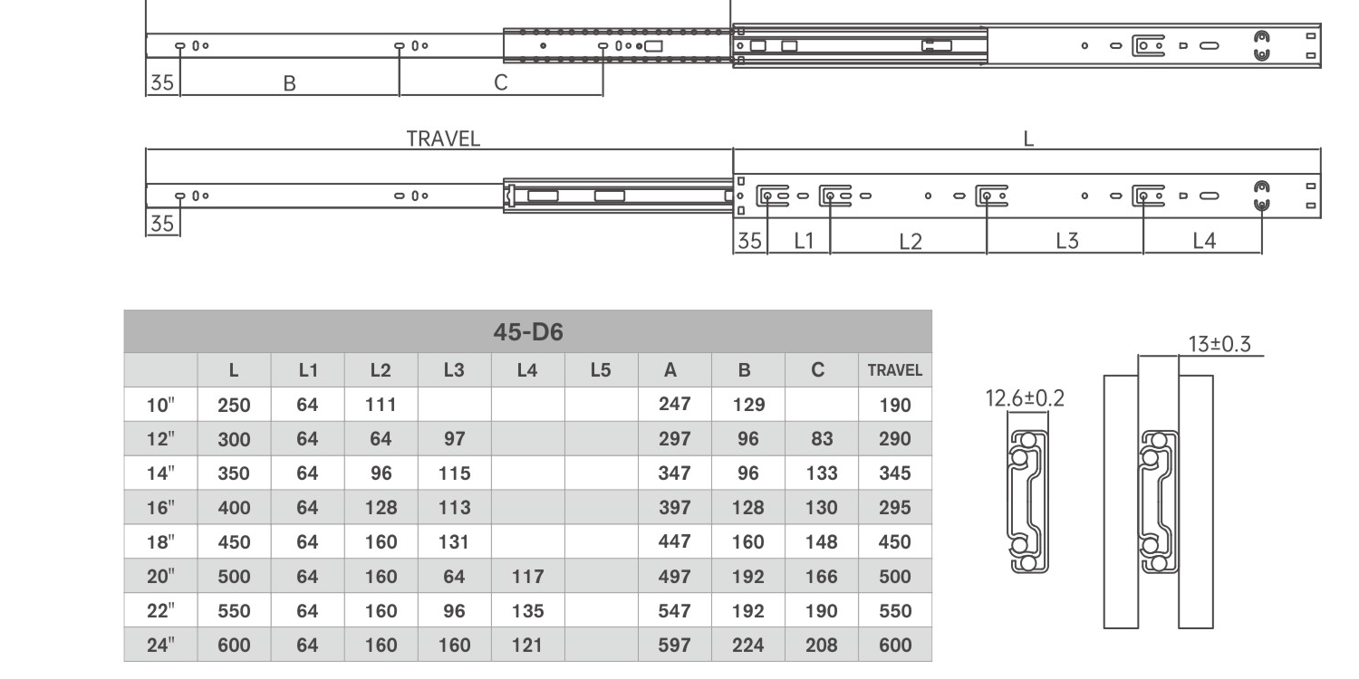 45-D6 slide size and drilling table