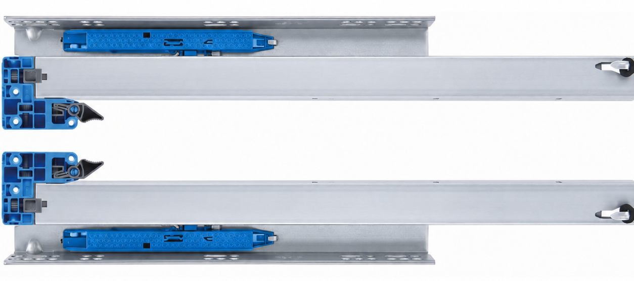 Synchronized full-extension push-open undermount slides with blue push-open mechanism