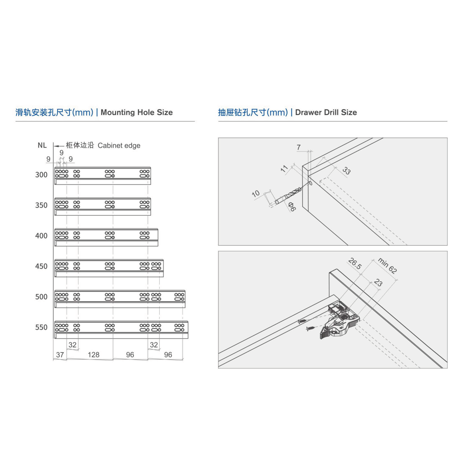 Soft-close undermount slide mounting-hole dimensions